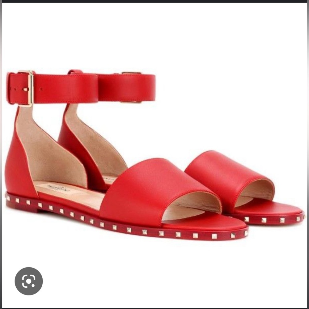 Valentino Red Leather Ankle Strap Studded Sandals